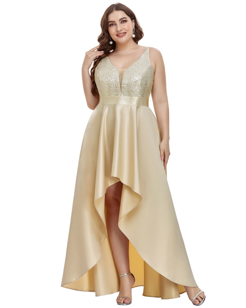 Front of a model wearing a size 20 Sparkly Bodice High Low Prom Dress in Rose Gold by Ever-Pretty. | dia_product_style_image_id:291494